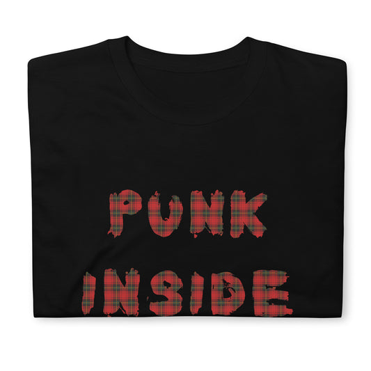 a black alt style t-shirt with text "punk inside" in red punk plaid letters