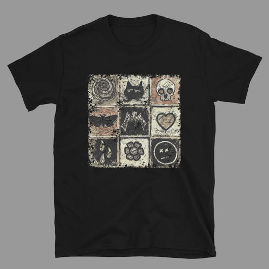a t-shirt with a dark scribble of emo symbols
