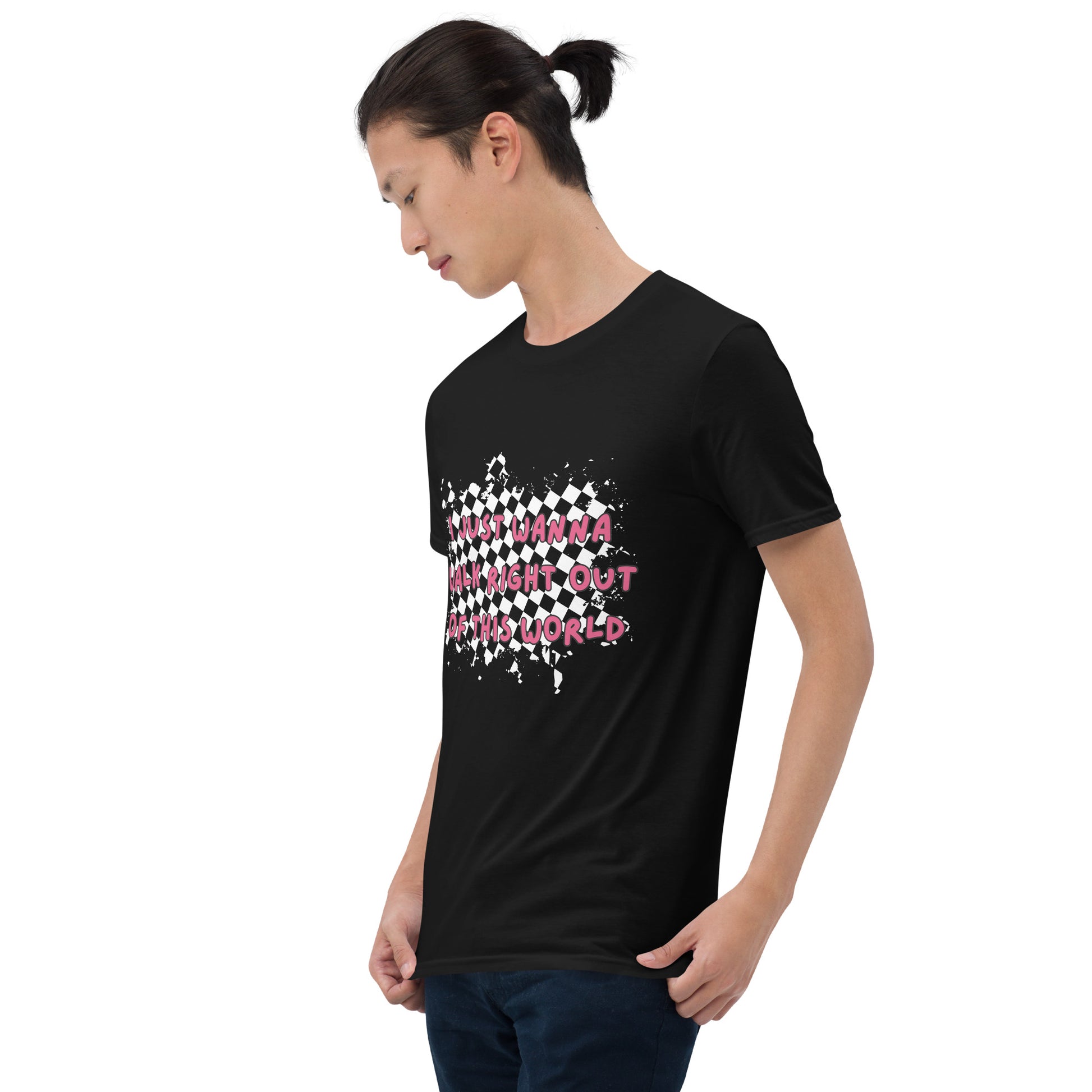 man wearing black alt t-shirt with rugged checkers pattern and text overlay "i just wanna walk right out of this world"