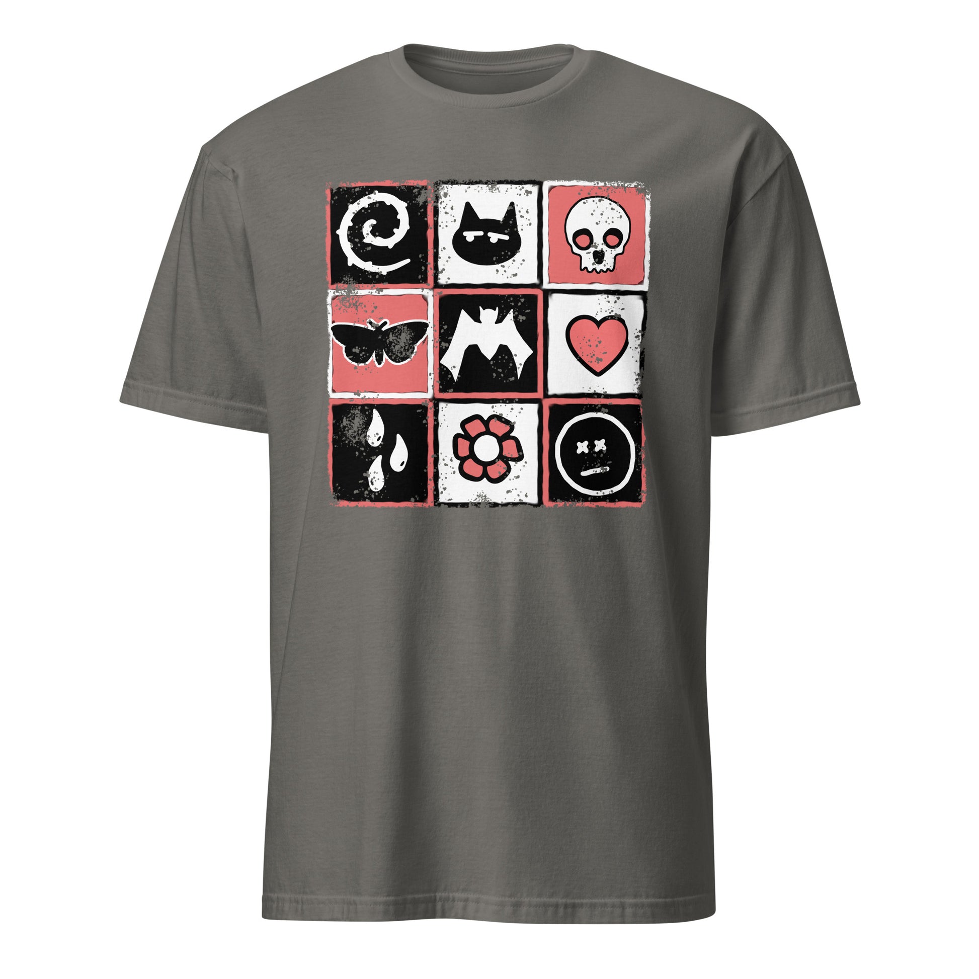 a grey t-shirt with a pink and black distressed graphic with emo symbols and the word "emo" spelled diagonally