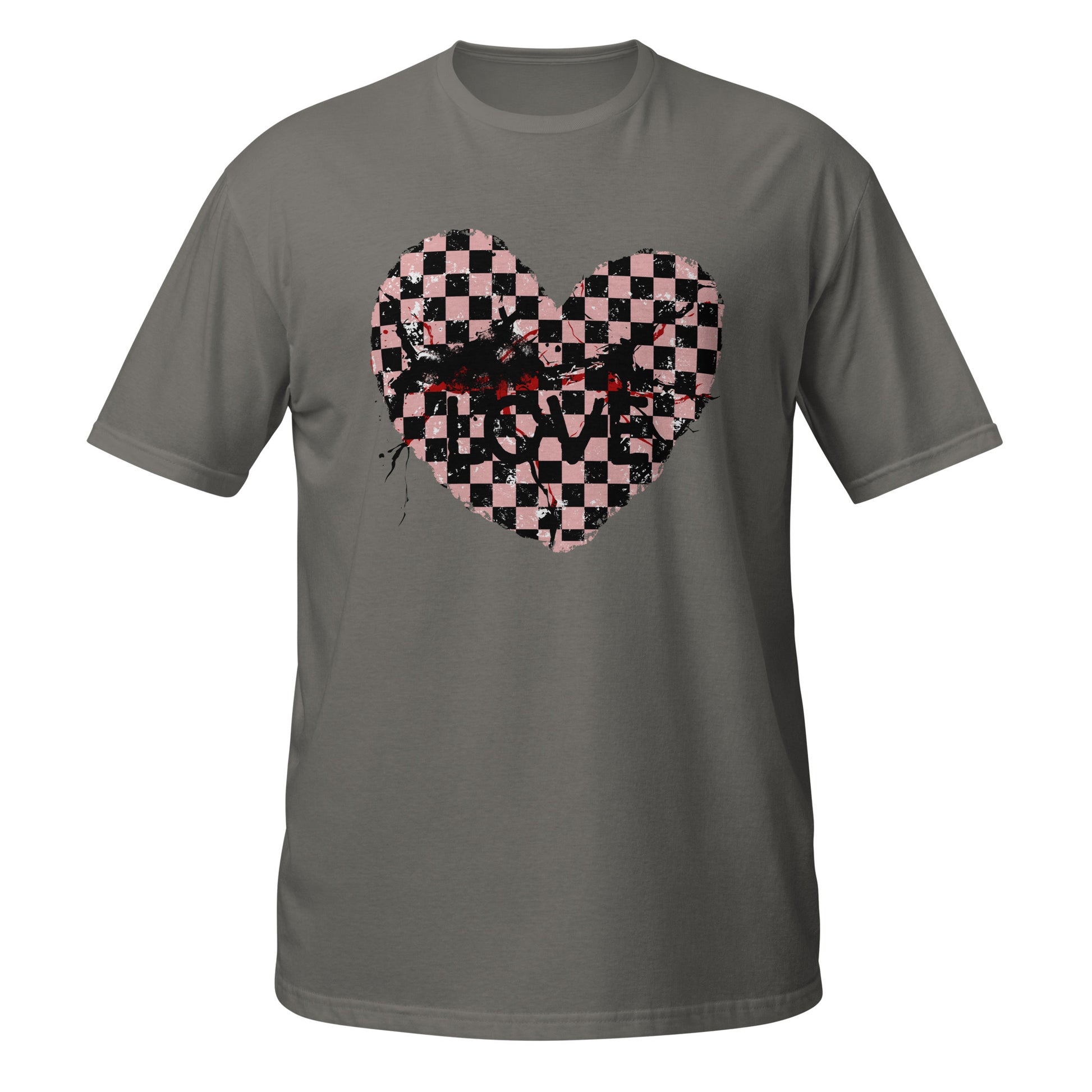 a grey t-shirt with a pink and black cracked checkered heart and the text love partly obscured