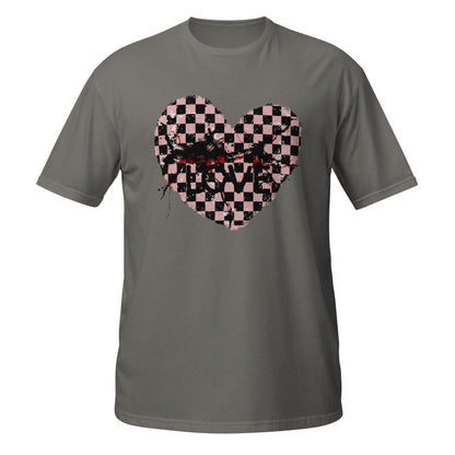 a grey t-shirt with a pink and black cracked checkered heart and the text love partly obscured