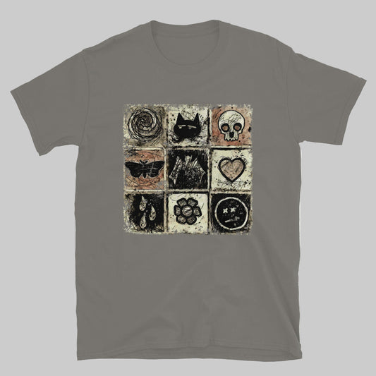 a t-shirt with a dark scribble of emo symbols