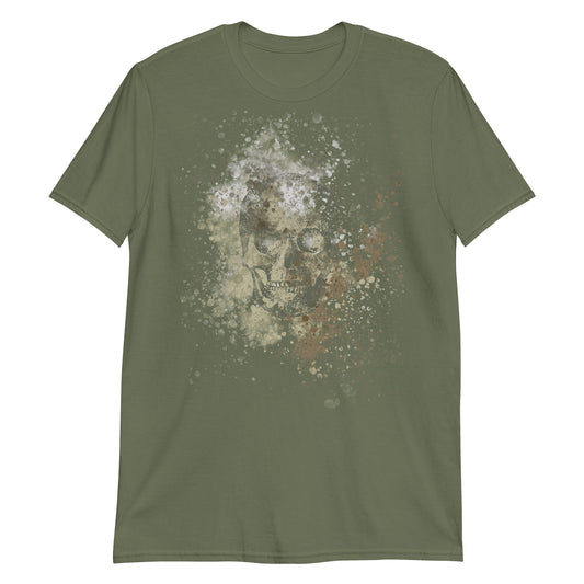 A tee with subtle skull graphic surrounded and overlaid with paint splatter in camouflage colors on military green