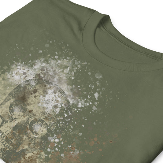 front of A tee with subtle skull graphic surrounded and overlaid with paint splatter in camouflage colors on military green