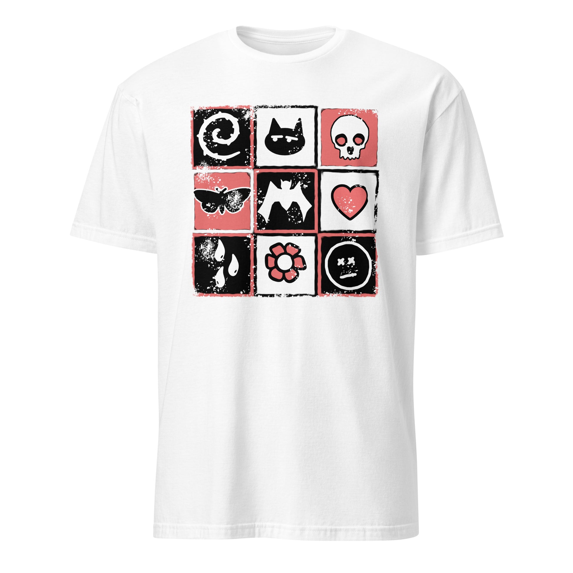 a white t-shirt with a pink and black distressed graphic with emo symbols and the word "emo" spelled diagonally