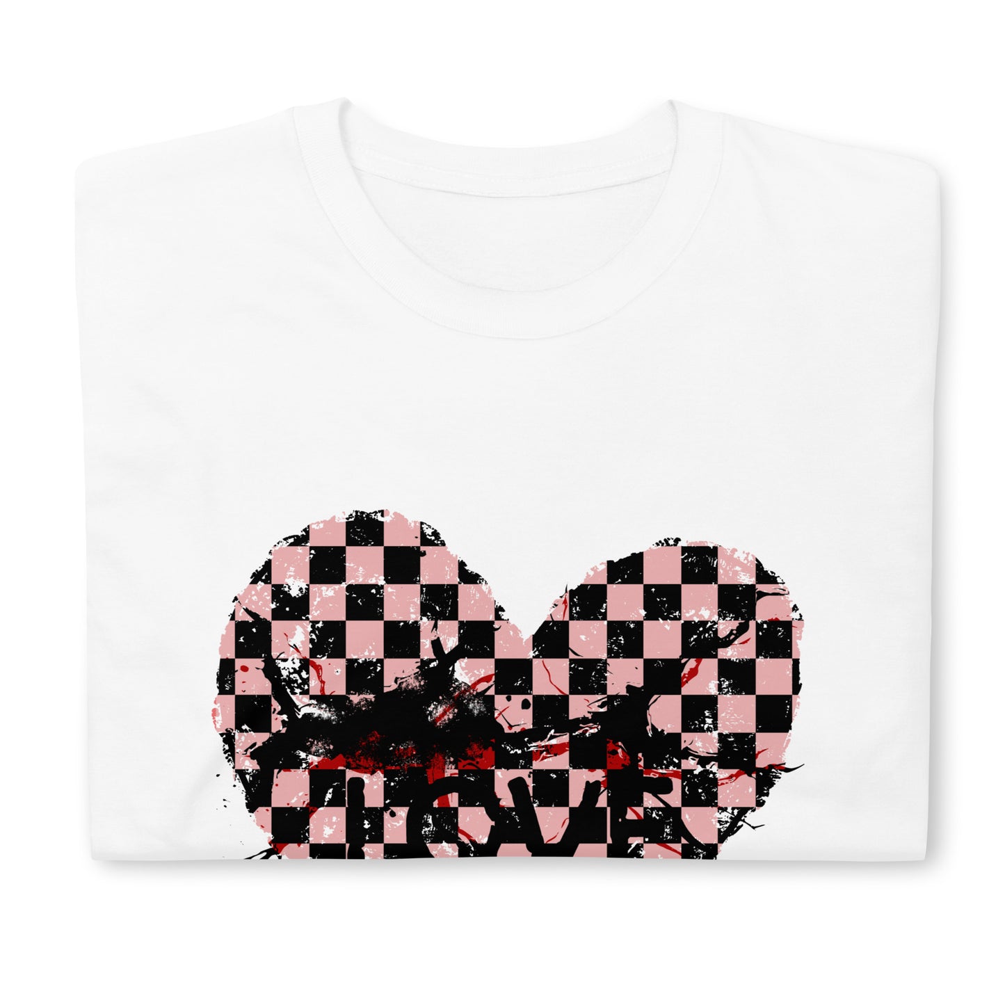 a white t-shirt with a pink and black cracked checkered heart and the text love partly obscured