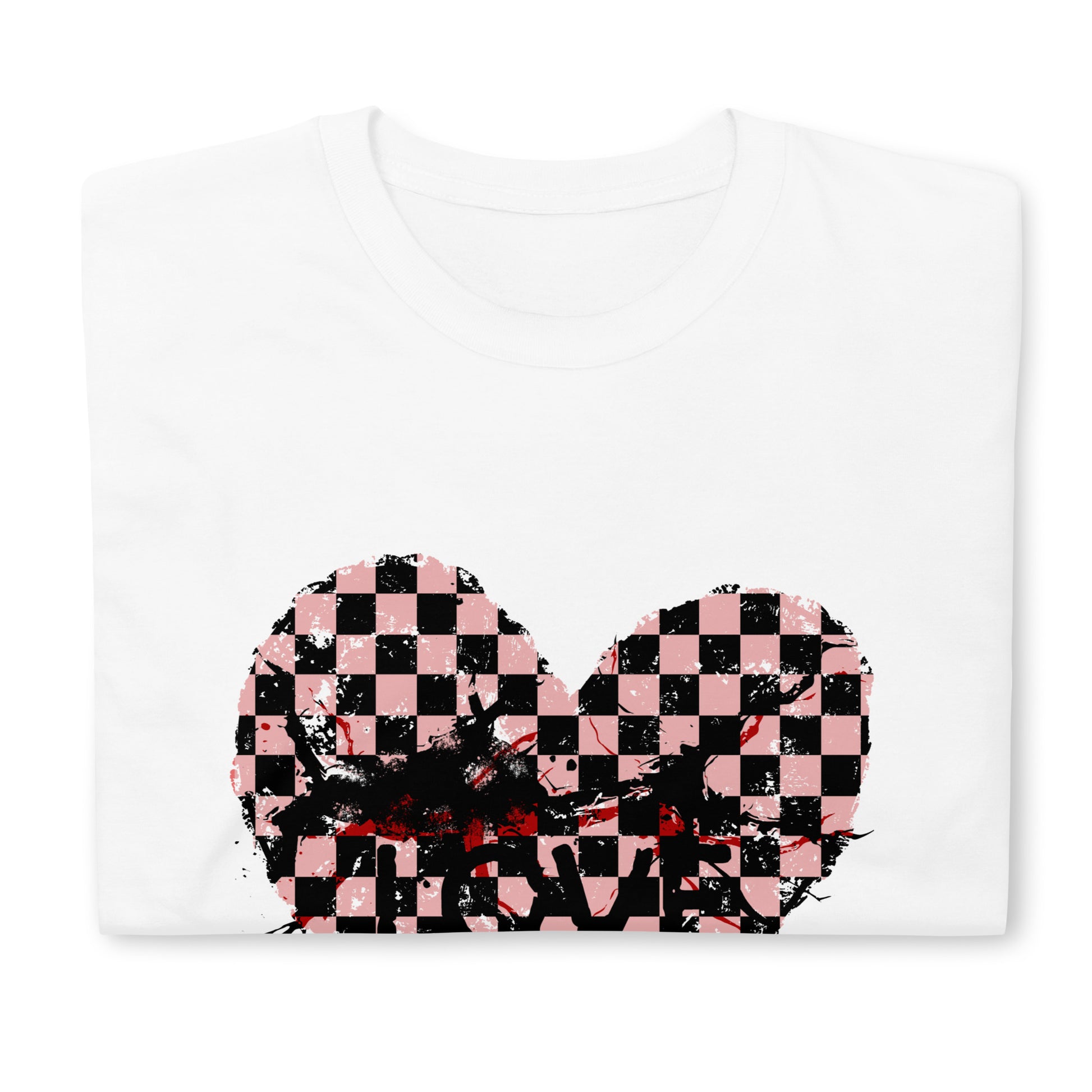 a white t-shirt with a pink and black cracked checkered heart and the text love partly obscured