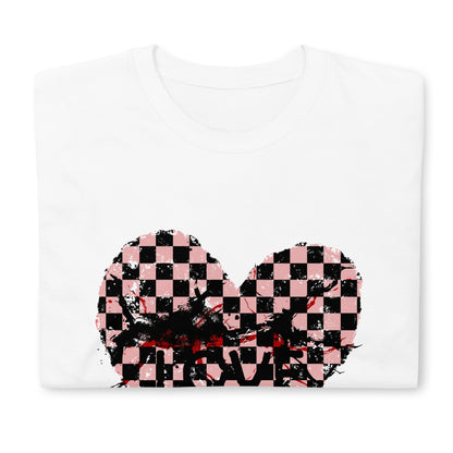 a white t-shirt with a pink and black cracked checkered heart and the text love partly obscured