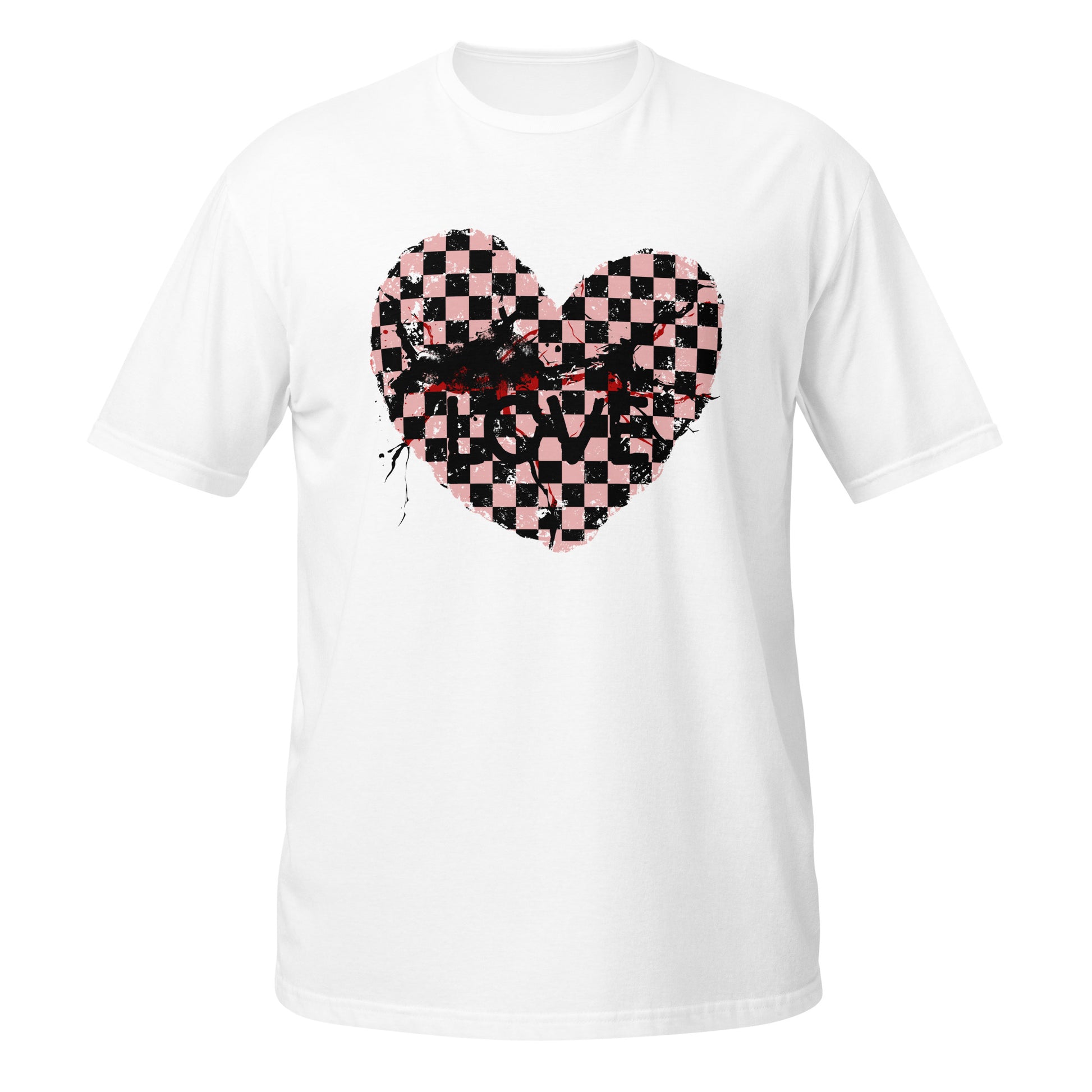 a white t-shirt with a pink and black cracked checkered heart and the text love partly obscured