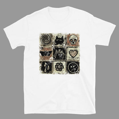 a t-shirt with a dark scribble of emo symbols