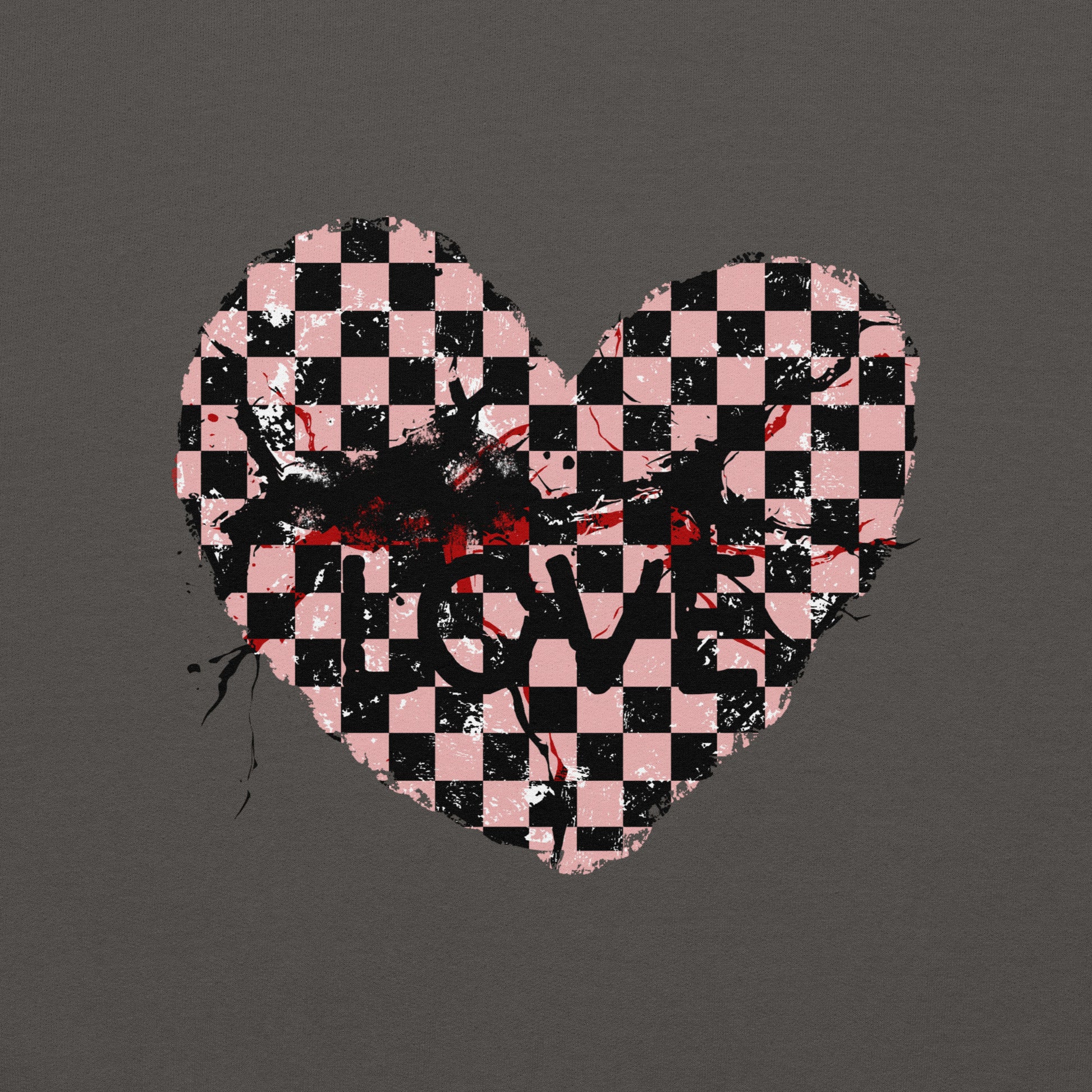 a designs with a checkered emo heart with cracks and the word love