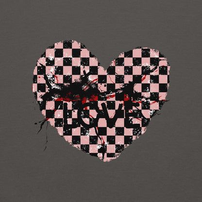 a designs with a checkered emo heart with cracks and the word love