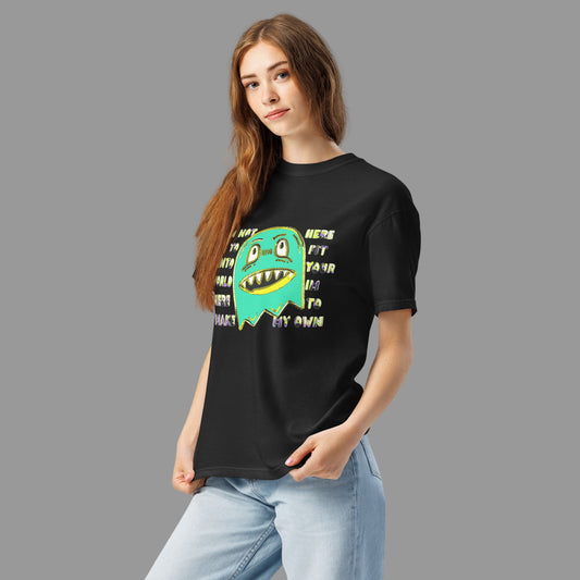 woman wearing a t-shirt with a monster and text "im not her to fit into your world"