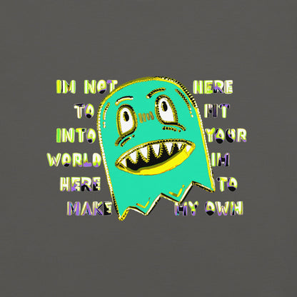 Front of a t-shirt with a monster and text "im not her to fit into your world"