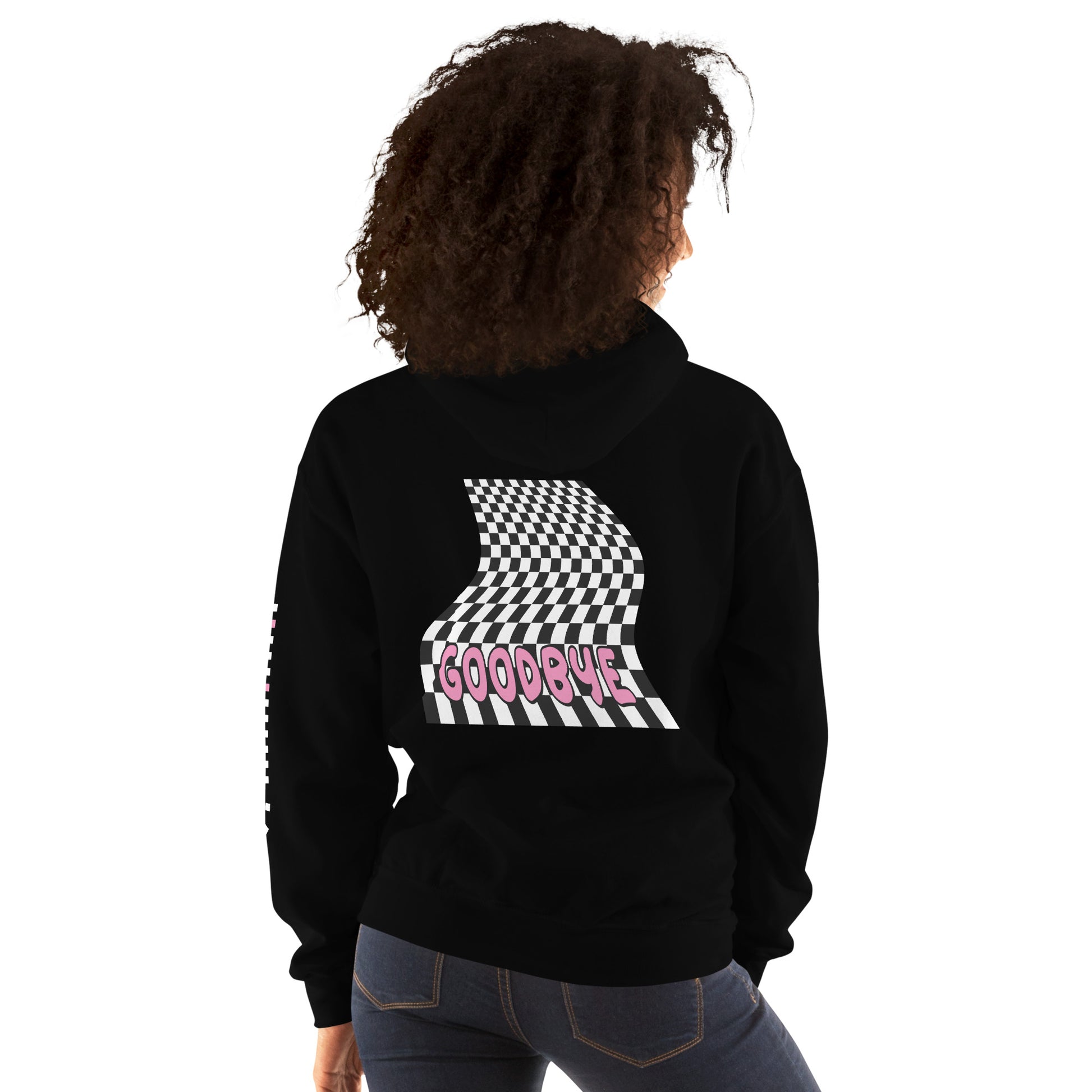 woman wearing a hoodie with graphic in front: rugged checkers and text "i just wanna walk out of this world", plus sleeve and back prints