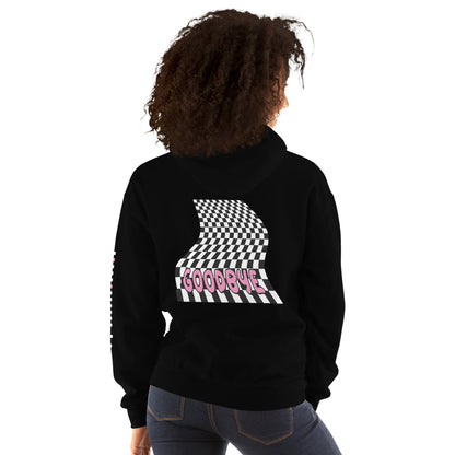 woman wearing a hoodie with graphic in front: rugged checkers and text "i just wanna walk out of this world", plus sleeve and back prints