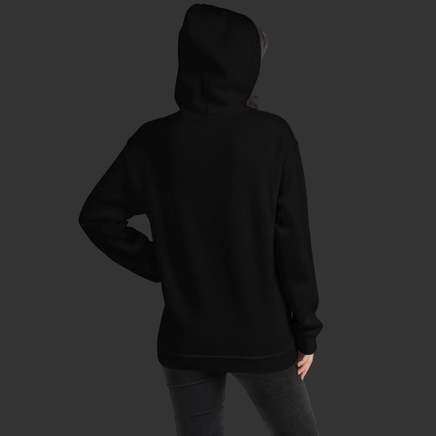 Person wearing a hoodie with a distressed pointillism design of an emo girl with moth wings and the text "moth girl"
