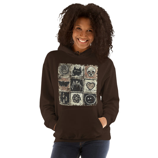 a hoodie with a dark scribble of emo symbols