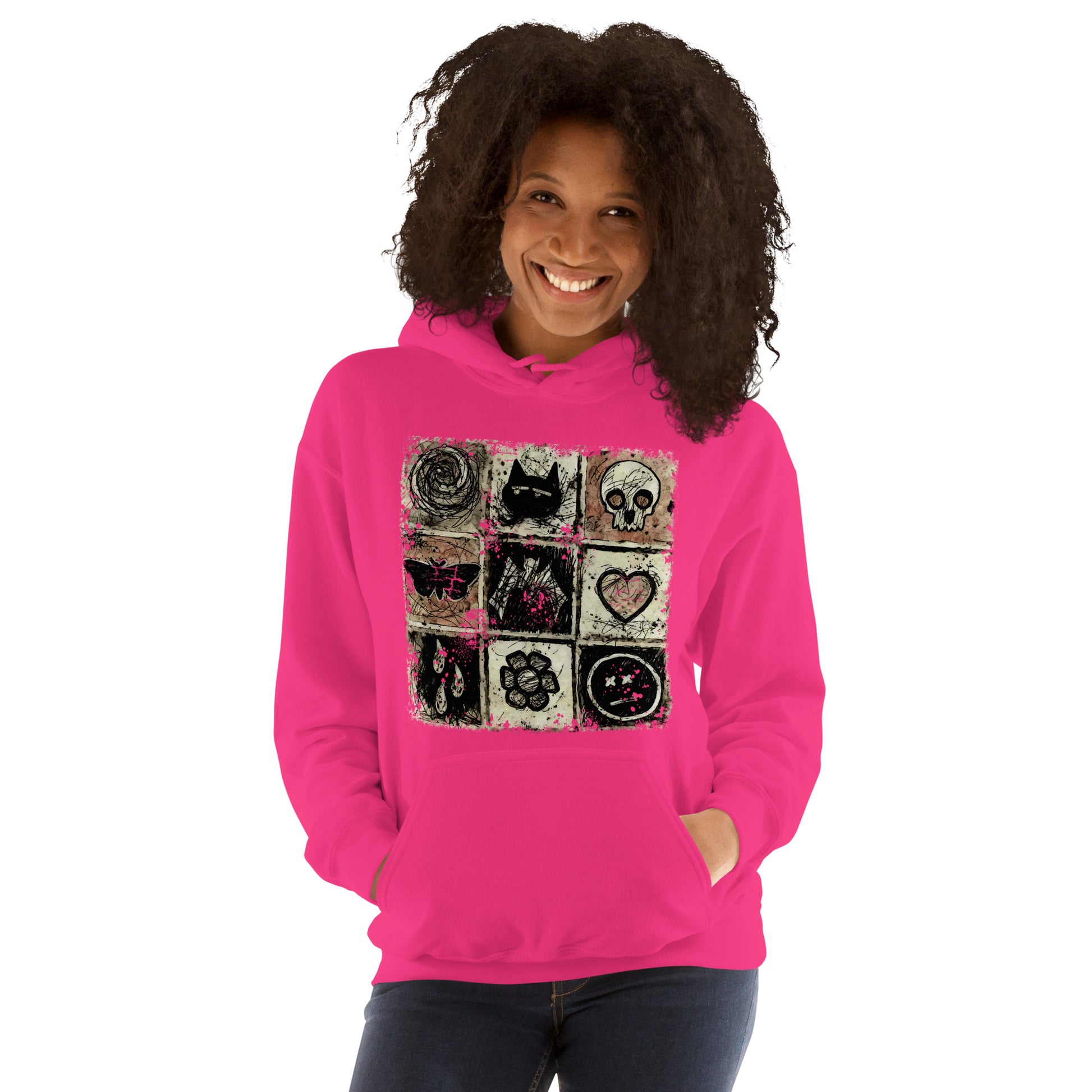 a hoodie with a dark scribble of emo symbols