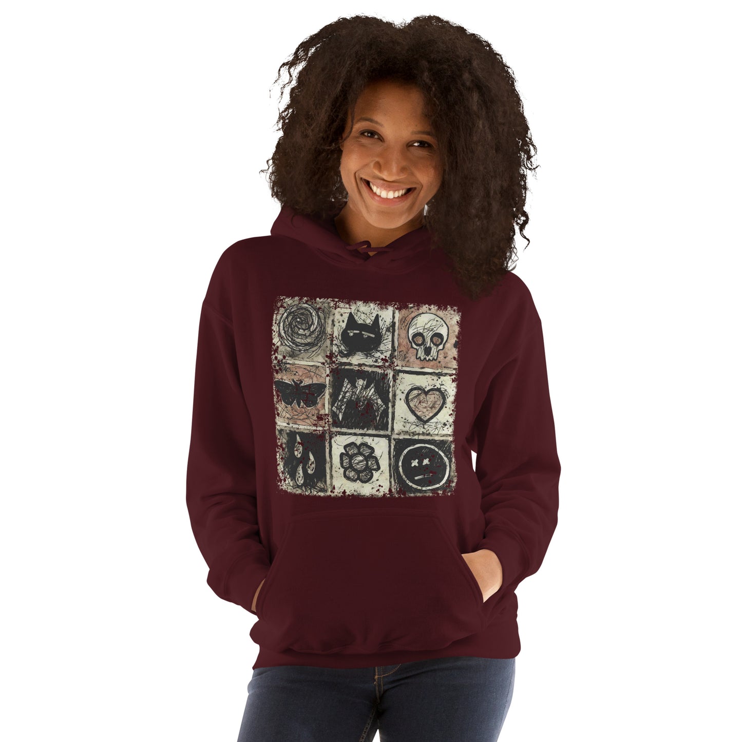 a hoodie with a dark scribble of emo symbols