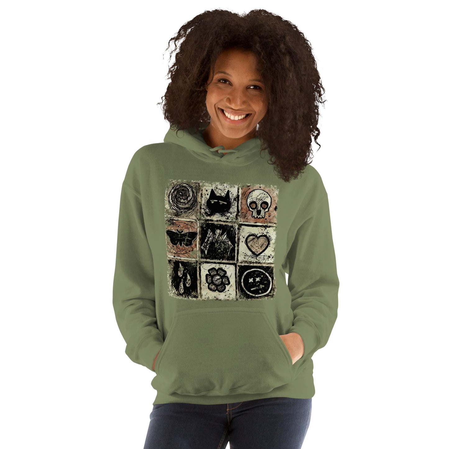 a hoodie with a dark scribble of emo symbols