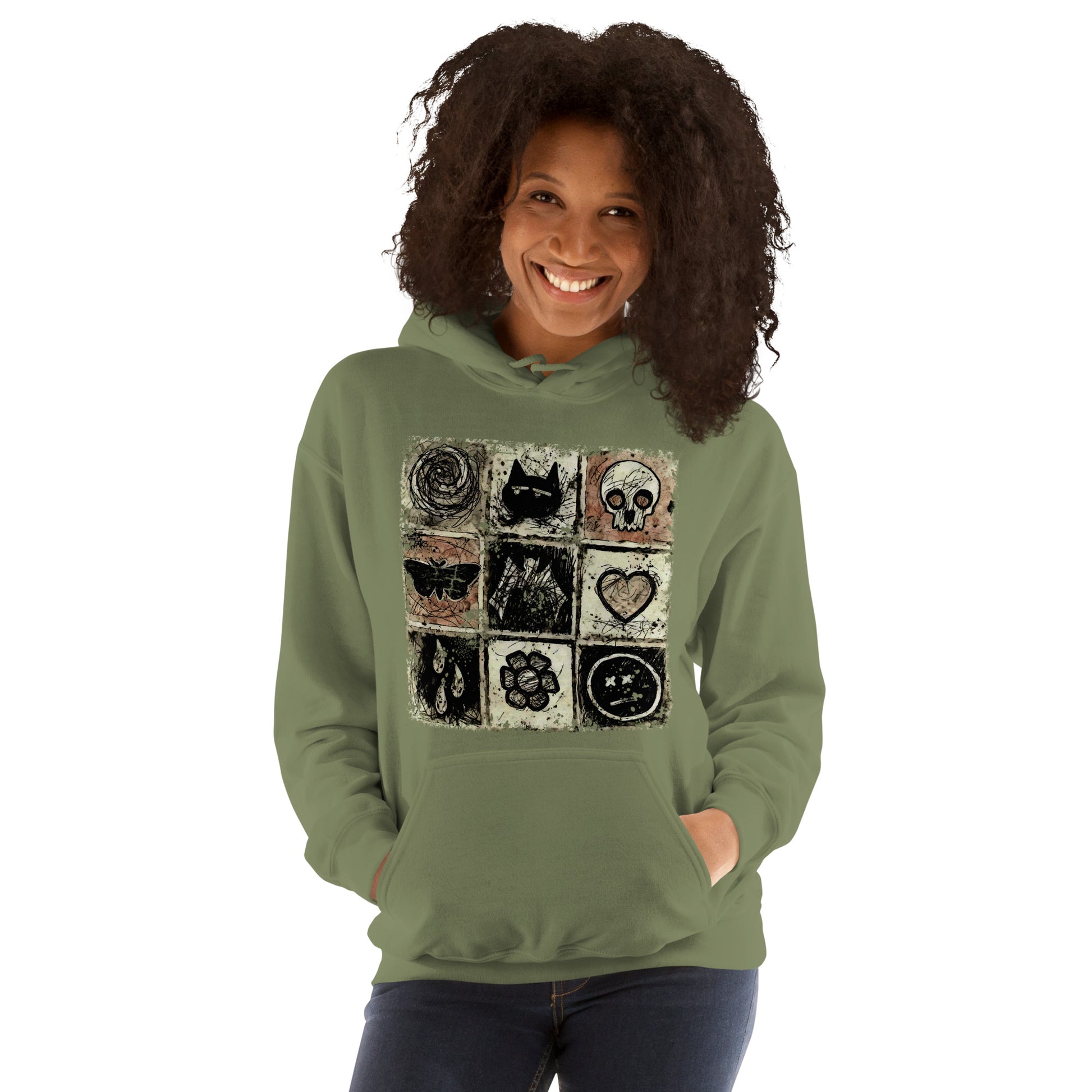 a hoodie with a dark scribble of emo symbols
