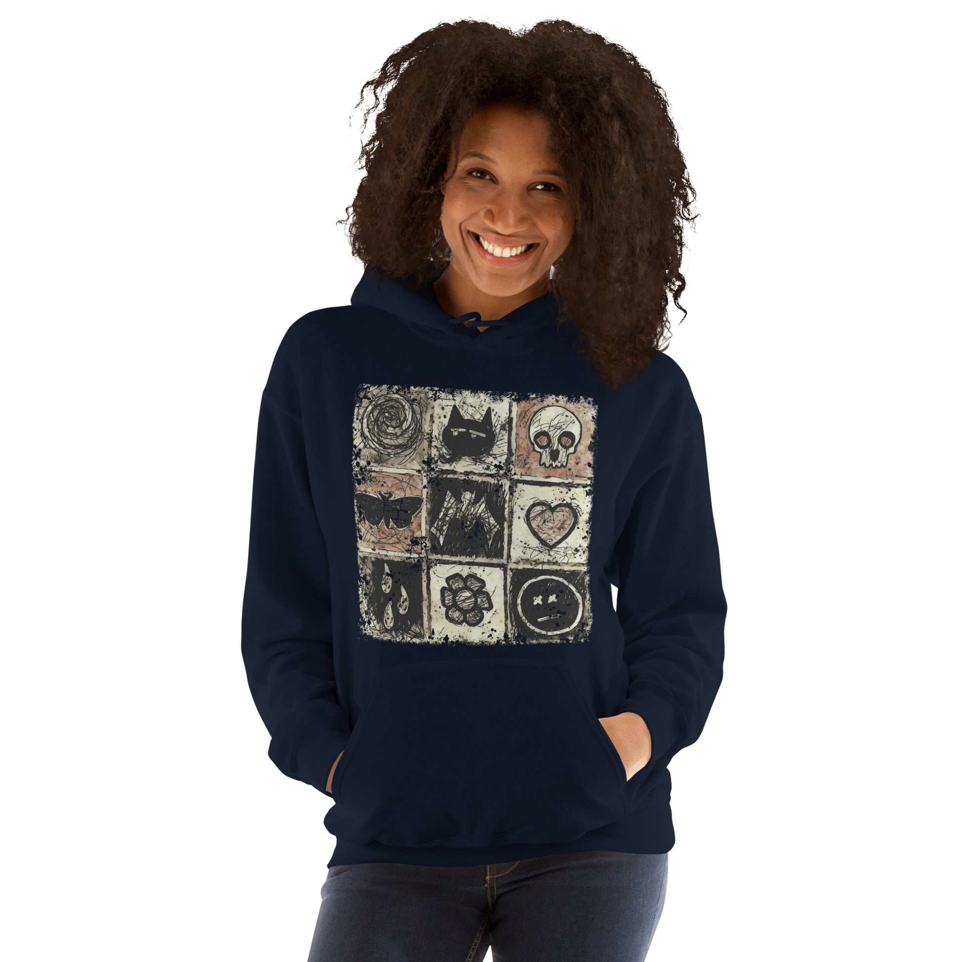 a hoodie with a dark scribble of emo symbols