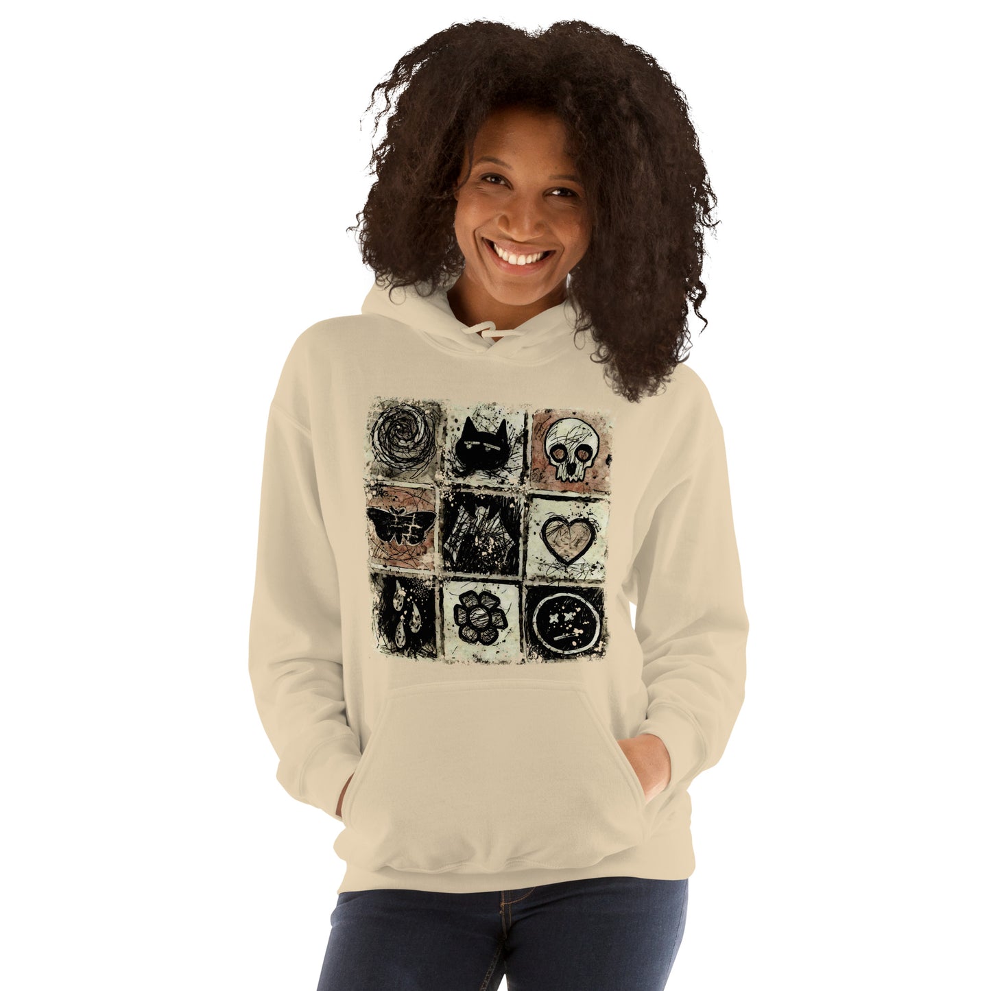 a hoodie with a dark scribble of emo symbols