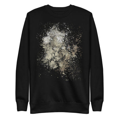 front of a sweatshirt with subtle skull graphic surrounded and overlaid with paint splatter in camouflage colors on black