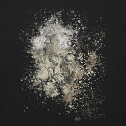front of a sweatshirt with subtle skull graphic surrounded and overlaid with paint splatter in camouflage colors on black