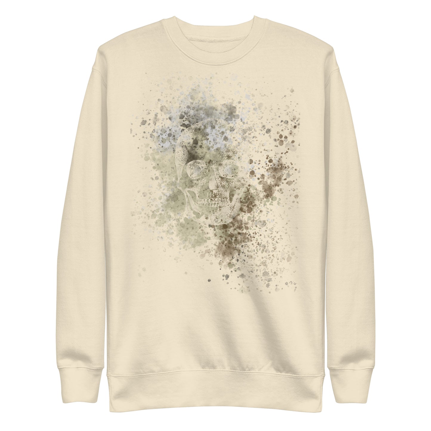 A sweatshirt with subtle skull graphic surrounded and overlaid with paint splatter in camouflage colors on bone white