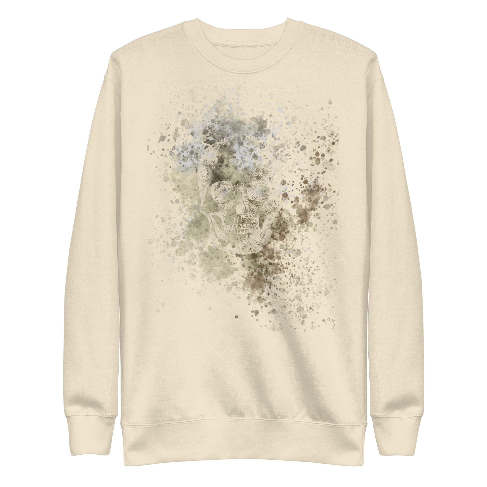 A sweatshirt with subtle skull graphic surrounded and overlaid with paint splatter in camouflage colors on bone white