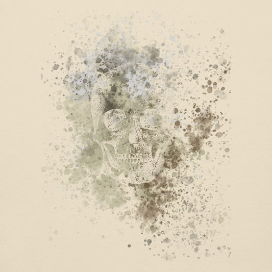 front of a sweatshirt with subtle skull graphic surrounded and overlaid with paint splatter in camouflage colors on bone white
