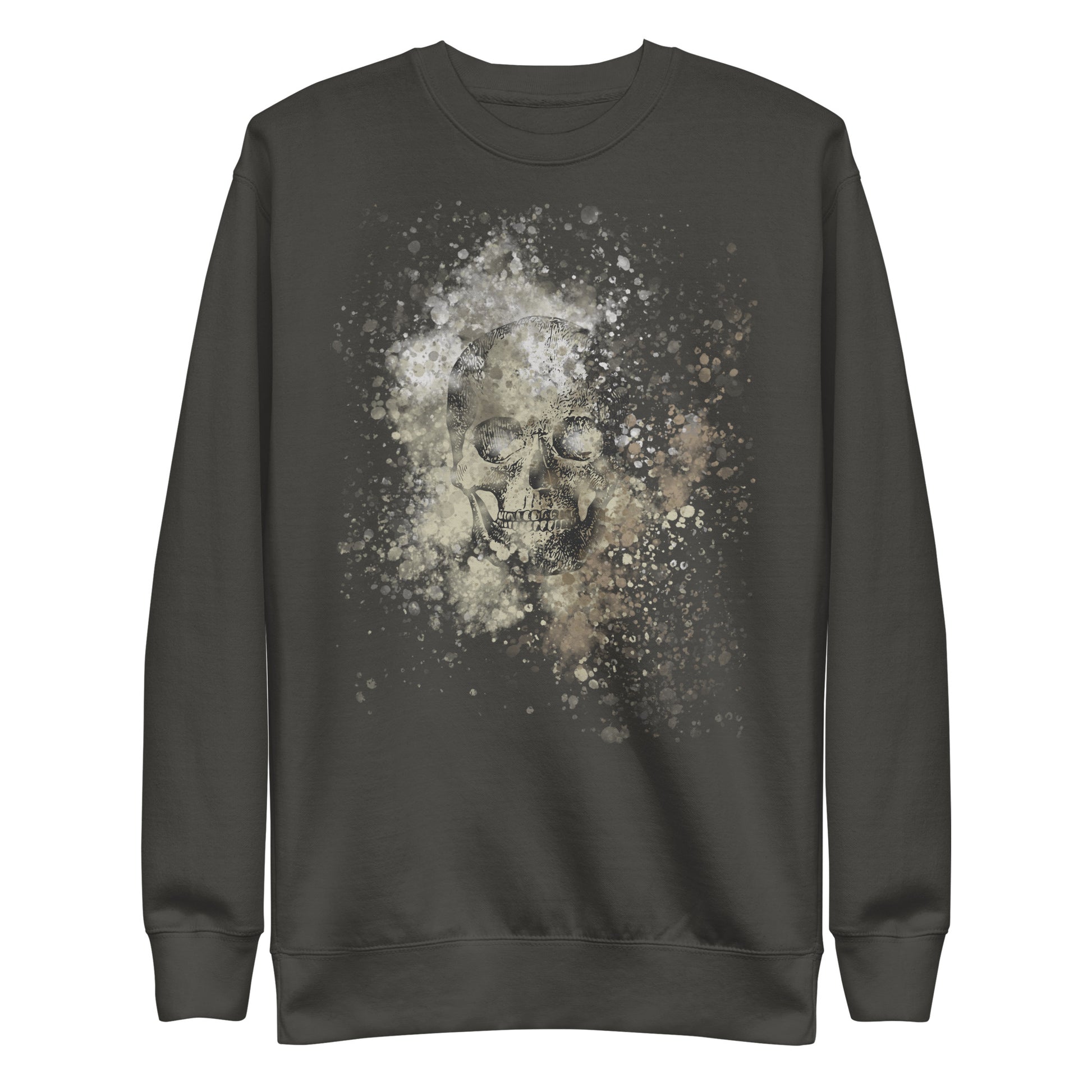 front of a sweatshirt with subtle skull graphic surrounded and overlaid with paint splatter in camouflage colors on vintage black
