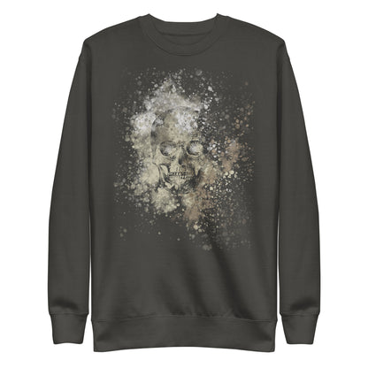 front of a sweatshirt with subtle skull graphic surrounded and overlaid with paint splatter in camouflage colors on vintage black