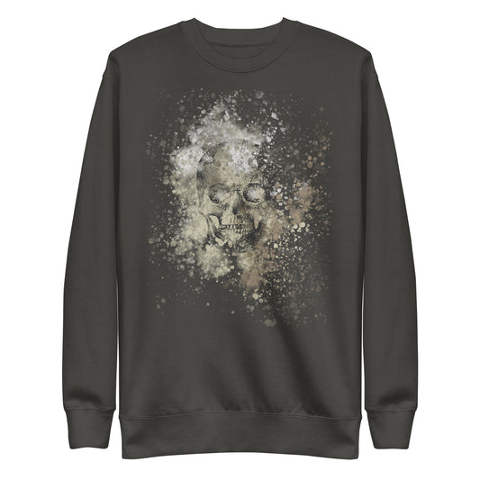 front of a sweatshirt with subtle skull graphic surrounded and overlaid with paint splatter in camouflage colors on vintage black