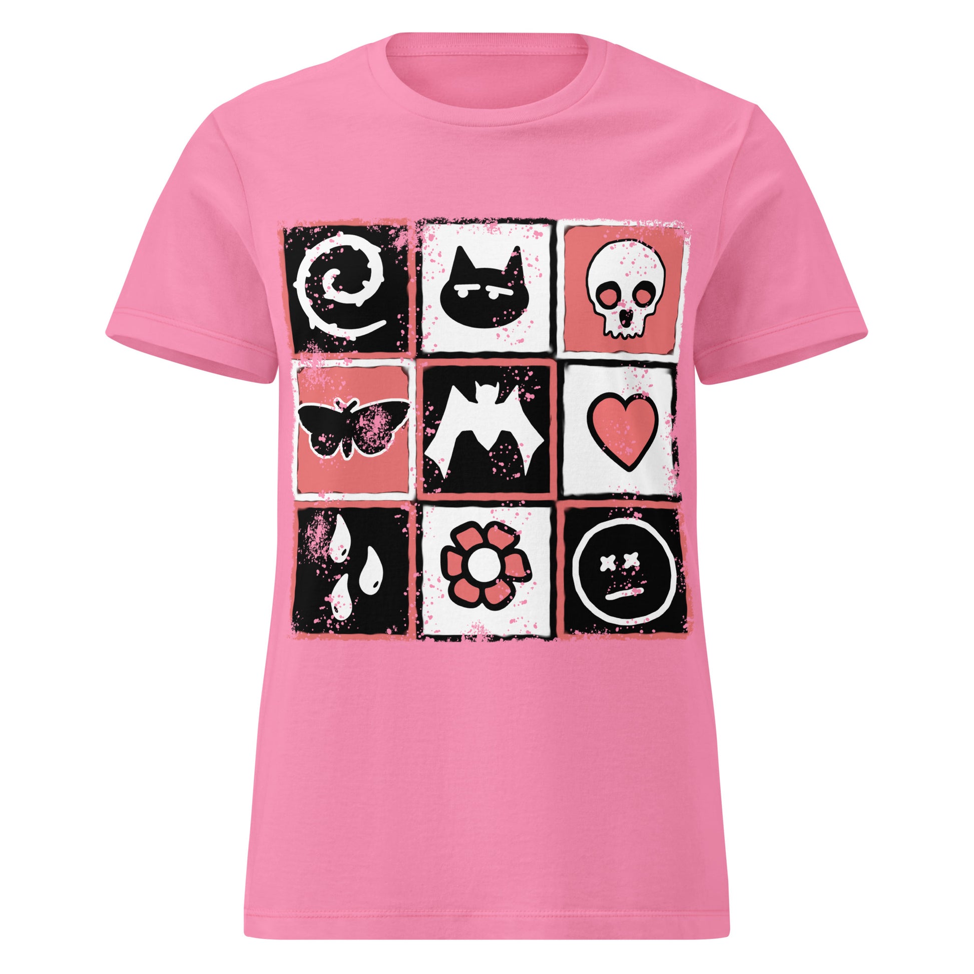 pink t-shirt with graphic design, a distressed grid of emo symbols, spelling emo diagonally