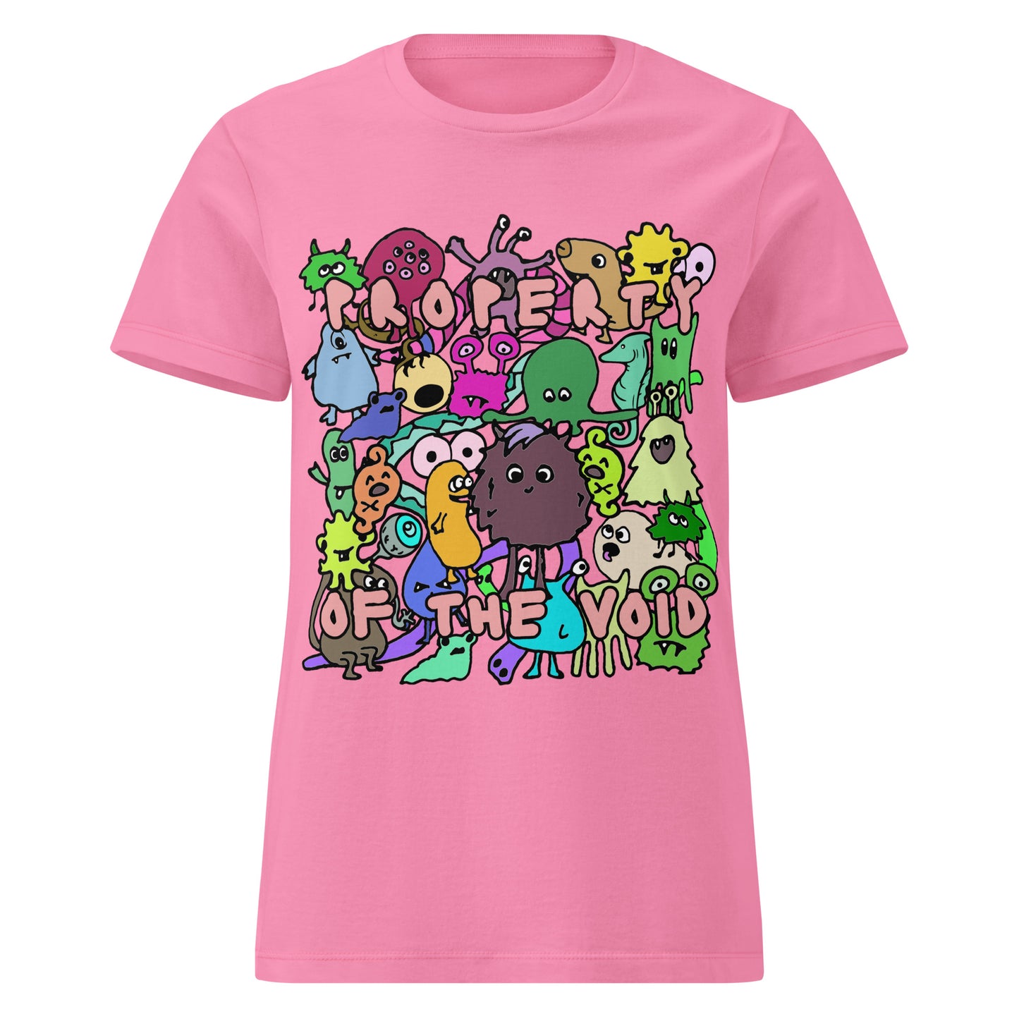 pink t-shirt with colorful graphic design, with emo and scene kid monsters and text "property of the void"
