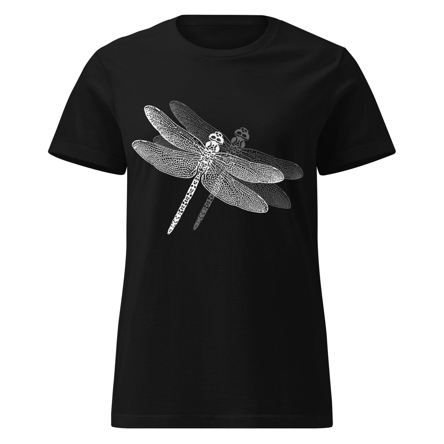 black t-shirt with a delicate dragonfly design