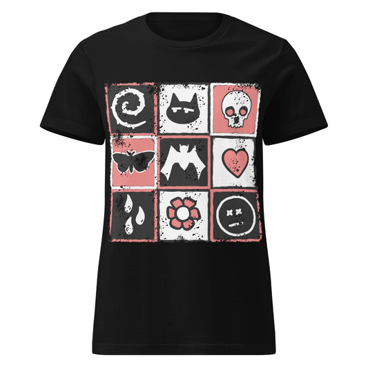black t-shirt with graphic design, a distressed grid of emo symbols, spelling emo diagonally
