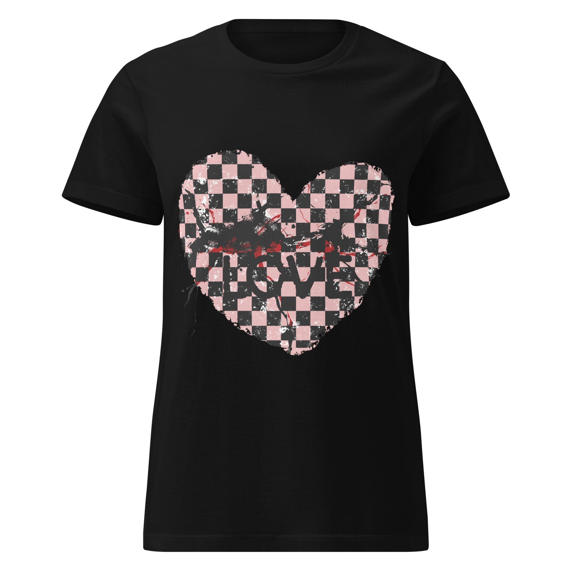 black graphic alt t-shirts, one with an emo style cracked checkered heart