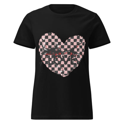black graphic alt t-shirts, one with an emo style cracked checkered heart