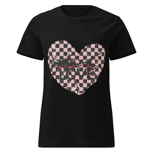 black graphic alt t-shirts, one with an emo style cracked checkered heart