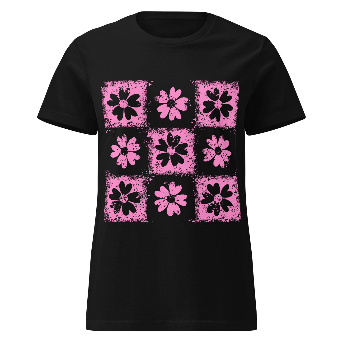  a black t-shirt with emo vibe distressed pink floral pattern grid