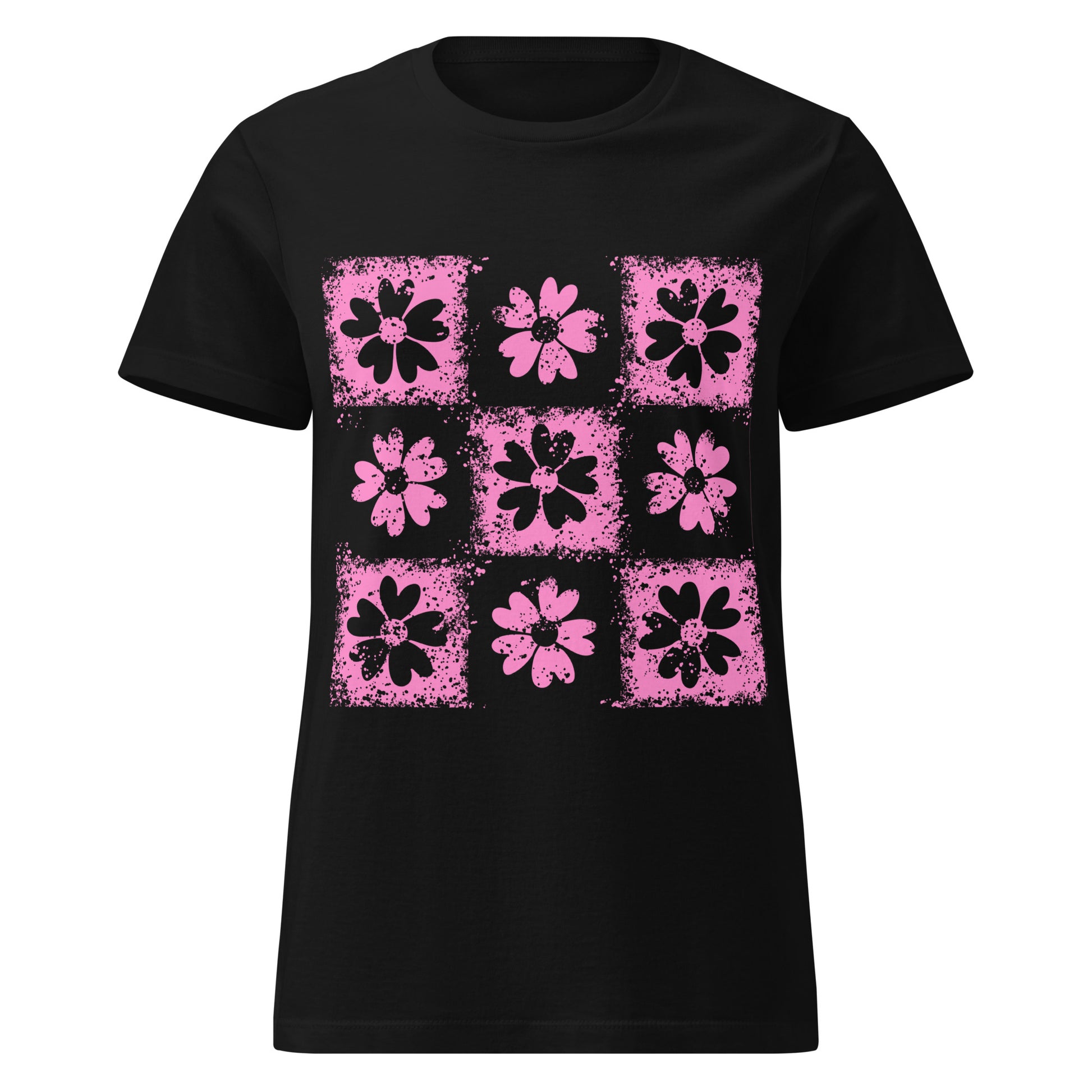  a black t-shirt with emo vibe distressed pink floral pattern grid