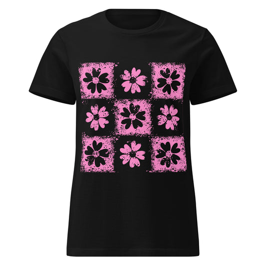  a black t-shirt with emo vibe distressed pink floral pattern grid