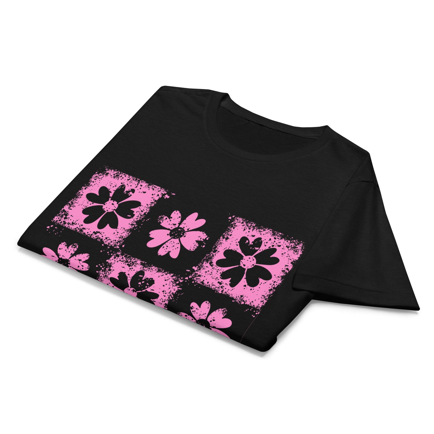 detail of a black t-shirt with emo vibe distressed pink floral pattern grid