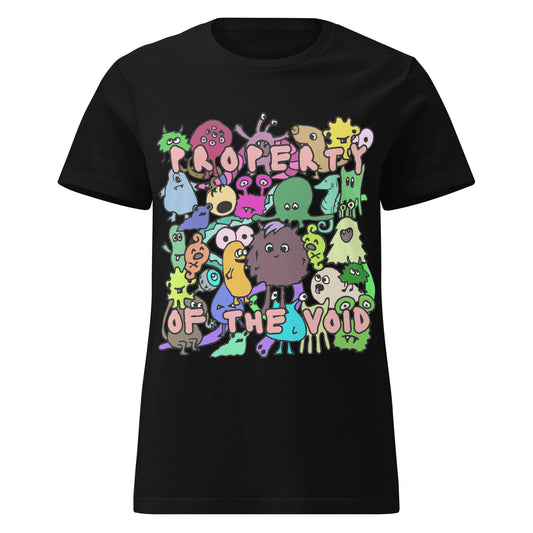 black t-shirt with colorful graphic design, with emo and scene kid monsters and text "property of the void"