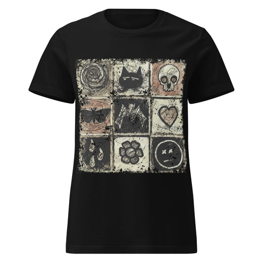 a t-shirt with a dark scribble of emo symbols